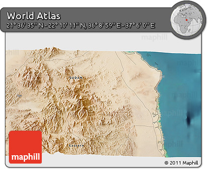 Satellite 3D Map of the Area around 21° 53' 23" N, 36° 37' 30" E