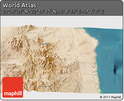Satellite 3D Map of the Area around 21° 53' 23" N, 36° 37' 30" E