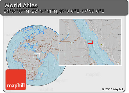 Gray Location Map of the Area around 21° 53' 23" N, 37° 28' 30" E, hill shading