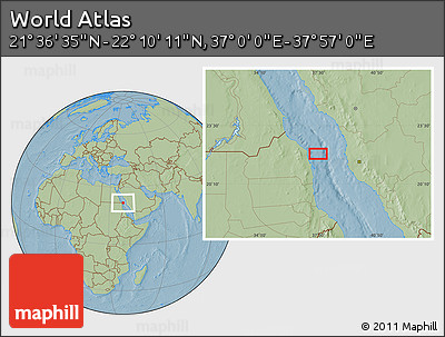 Savanna Style Location Map of the Area around 21° 53' 23" N, 37° 28' 30" E, hill shading