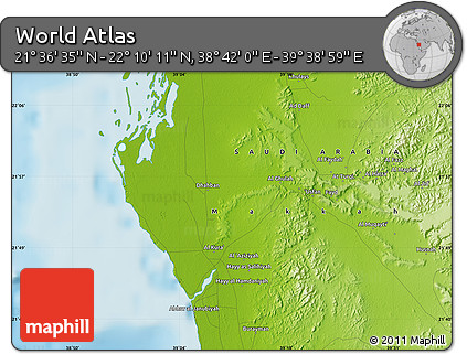 Physical Map of the Area around 21° 53' 23" N, 39° 10' 29" E