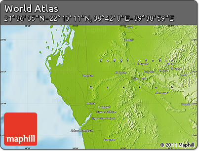 Physical Map of the Area around 21° 53' 23" N, 39° 10' 29" E