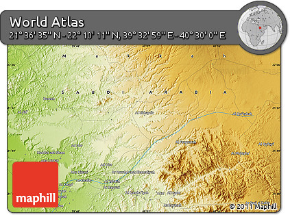 Physical Map of the Area around 21° 53' 23" N, 40° 1' 29" E