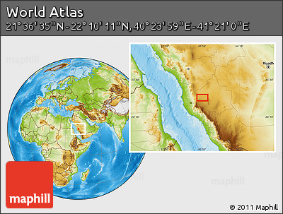 Physical Location Map of the Area around 21° 53' 23" N, 40° 52' 30" E