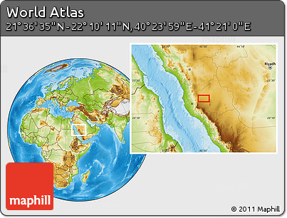 Physical Location Map of the Area around 21° 53' 23" N, 40° 52' 30" E