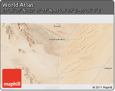 Satellite 3D Map of the Area around 21° 53' 23" N, 45° 7' 30" E