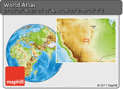 Physical Location Map of the Area around 21° 53' 23" N, 45° 7' 30" E