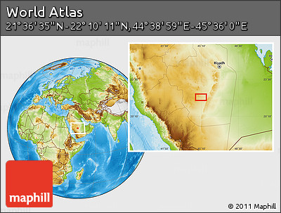 Physical Location Map of the Area around 21° 53' 23" N, 45° 7' 30" E