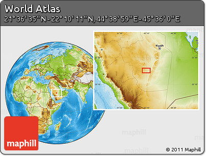 Physical Location Map of the Area around 21° 53' 23" N, 45° 7' 30" E