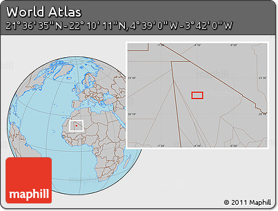 Gray Location Map of the Area around 21° 53' 23" N, 4° 10' 30" W