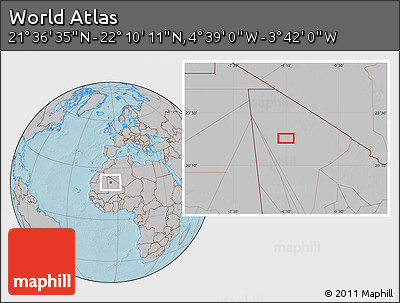Gray Location Map of the Area around 21° 53' 23" N, 4° 10' 30" W, hill shading
