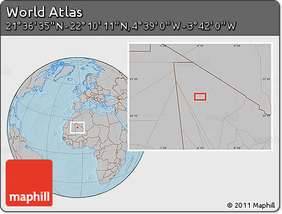 Gray Location Map of the Area around 21° 53' 23" N, 4° 10' 30" W, hill shading