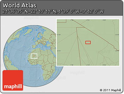 Savanna Style Location Map of the Area around 21° 53' 23" N, 4° 10' 30" W, hill shading