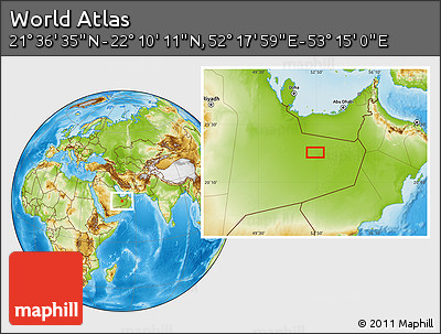 Physical Location Map of the Area around 21° 53' 23" N, 52° 46' 29" E