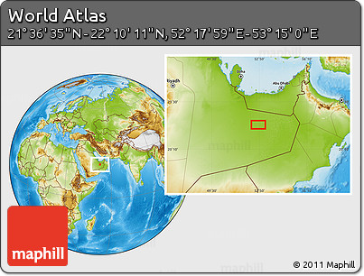 Physical Location Map of the Area around 21° 53' 23" N, 52° 46' 29" E