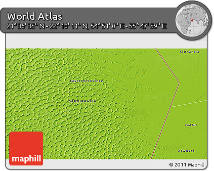 Physical 3D Map of the Area around 21° 53' 23" N, 55° 19' 30" E
