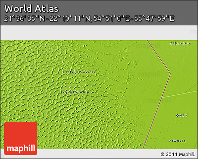 Physical 3D Map of the Area around 21° 53' 23" N, 55° 19' 30" E