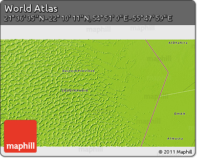 Physical 3D Map of the Area around 21° 53' 23" N, 55° 19' 30" E