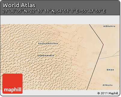 Satellite 3D Map of the Area around 21° 53' 23" N, 55° 19' 30" E