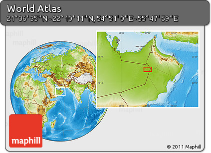 Physical Location Map of the Area around 21° 53' 23" N, 55° 19' 30" E