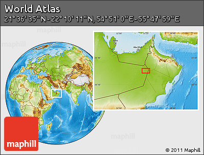 Physical Location Map of the Area around 21° 53' 23" N, 55° 19' 30" E