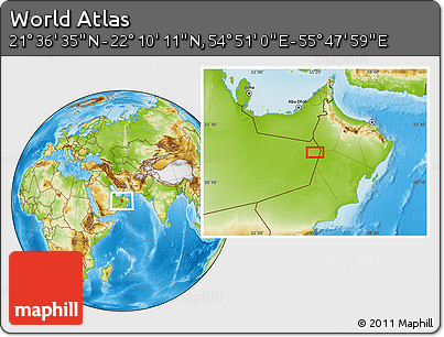 Physical Location Map of the Area around 21° 53' 23" N, 55° 19' 30" E