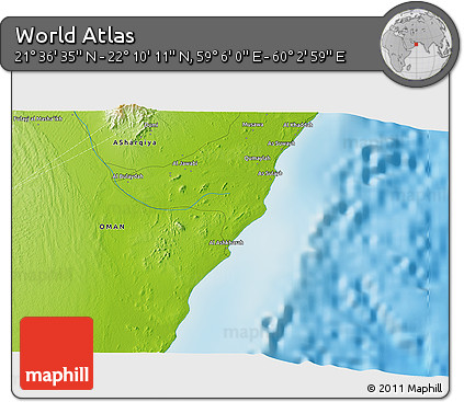 Physical 3D Map of the Area around 21° 53' 23" N, 59° 34' 30" E