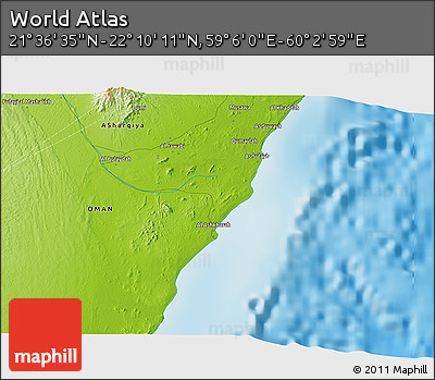 Physical 3D Map of the Area around 21° 53' 23" N, 59° 34' 30" E