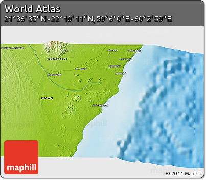 Physical 3D Map of the Area around 21° 53' 23" N, 59° 34' 30" E