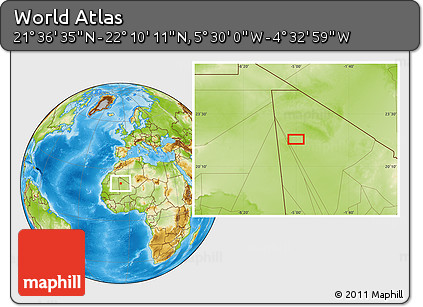 Physical Location Map of the Area around 21° 53' 23" N, 5° 1' 30" W