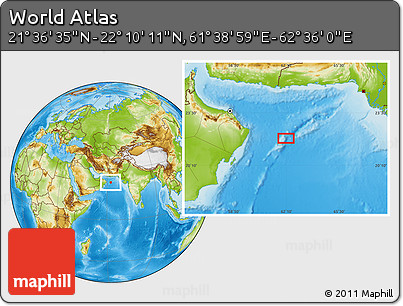 Physical Location Map of the Area around 21° 53' 23" N, 62° 7' 30" E