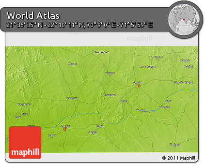Physical 3D Map of the Area around 21° 53' 23" N, 70° 37' 30" E