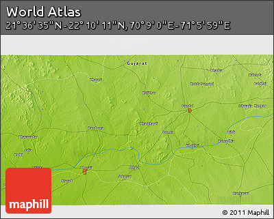 Physical 3D Map of the Area around 21° 53' 23" N, 70° 37' 30" E