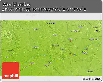 Physical 3D Map of the Area around 21° 53' 23" N, 70° 37' 30" E