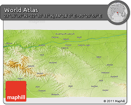 Physical 3D Map of the Area around 21° 53' 23" N, 74° 52' 30" E