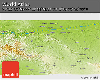 Physical 3D Map of the Area around 21° 53' 23" N, 74° 52' 30" E