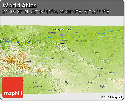 Physical 3D Map of the Area around 21° 53' 23" N, 74° 52' 30" E
