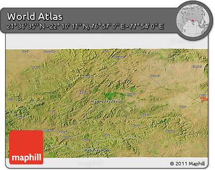 Satellite 3D Map of the Area around 21° 53' 23" N, 77° 25' 30" E