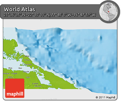 Physical 3D Map of the Area around 21° 53' 23" N, 77° 16' 30" W