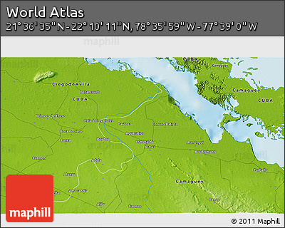 Physical 3D Map of the Area around 21° 53' 23" N, 78° 7' 30" W