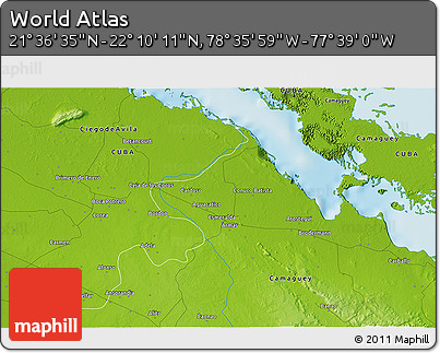 Physical 3D Map of the Area around 21° 53' 23" N, 78° 7' 30" W