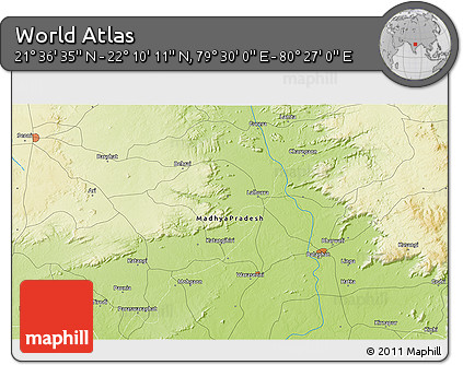 Physical 3D Map of the Area around 21° 53' 23" N, 79° 58' 29" E