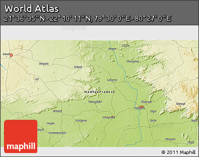 Physical 3D Map of the Area around 21° 53' 23" N, 79° 58' 29" E