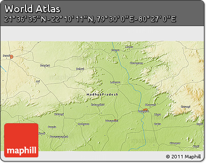 Physical 3D Map of the Area around 21° 53' 23" N, 79° 58' 29" E