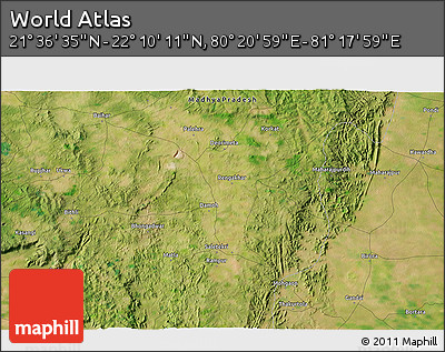 Satellite 3D Map of the Area around 21° 53' 23" N, 80° 49' 29" E