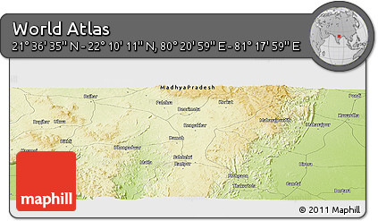 Physical Panoramic Map of the Area around 21° 53' 23" N, 80° 49' 29" E