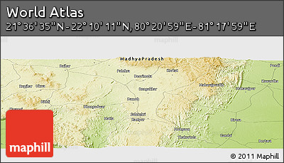 Physical Panoramic Map of the Area around 21° 53' 23" N, 80° 49' 29" E