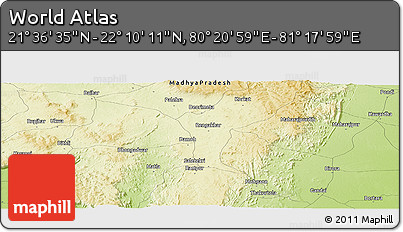 Physical Panoramic Map of the Area around 21° 53' 23" N, 80° 49' 29" E