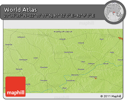 Physical 3D Map of the Area around 21° 53' 23" N, 81° 40' 30" E