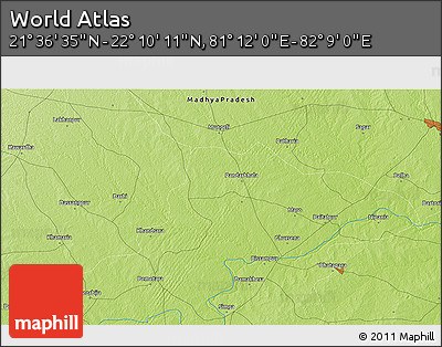 Physical 3D Map of the Area around 21° 53' 23" N, 81° 40' 30" E